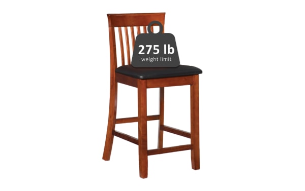 Craftsman Dark Cherry Slat Back Counter Height Stool in brown rubberwood with dark cherry finish, transitional style, and padded dark brown polyurethane seat. Weight limit 275 lb.