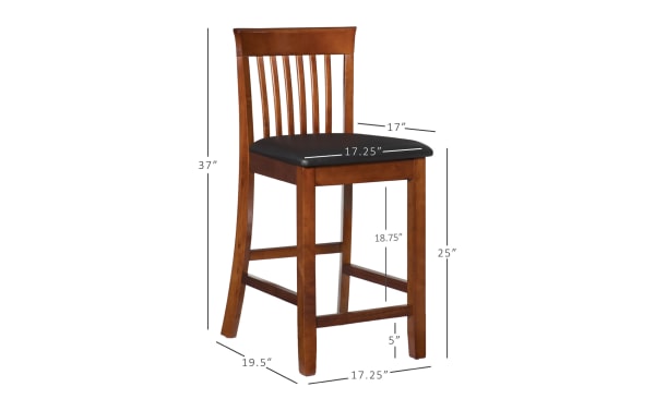 Craftsman Dark Cherry Slat Back Counter Height Stool in brown rubberwood with dark cherry finish, vinyl padded seat, and transitional Mission-style slat back.