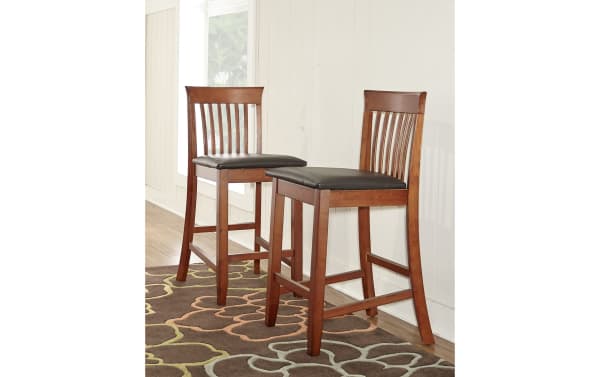 Craftsman Dark Cherry Slat Back Counter Height Stool with dark brown polyurethane padded seat, rubberwood frame, and transitional Mission-style slat back.