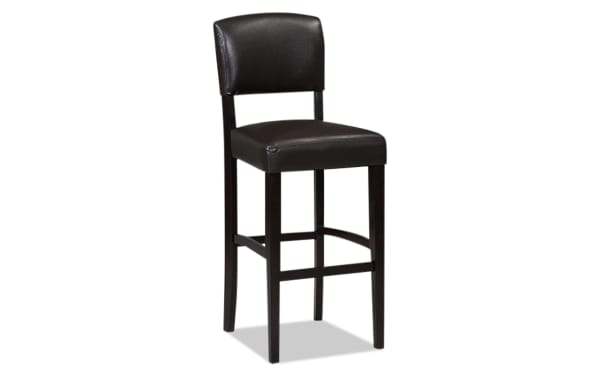 Venice Espresso contemporary bar height stool with padded faux leather seat and back, espresso rubberwood frame, and tapered legs for kitchen or bar.