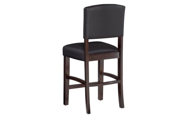 Venice Espresso faux leather upholstered counter height stool with padded vinyl seat and back, espresso rubberwood frame, and tapered legs.
