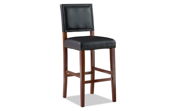Marie Cherry & Black Faux Leather Upholstered Bar Height Stool with nailhead trim, rubberwood frame, and black polyurethane seat and backrest.