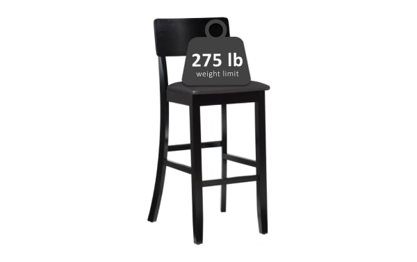 Contemporary dark brown faux leather panel back bar stool with padded vinyl seat, rubberwood frame, and 275 lb weight limit, durable and stylish.