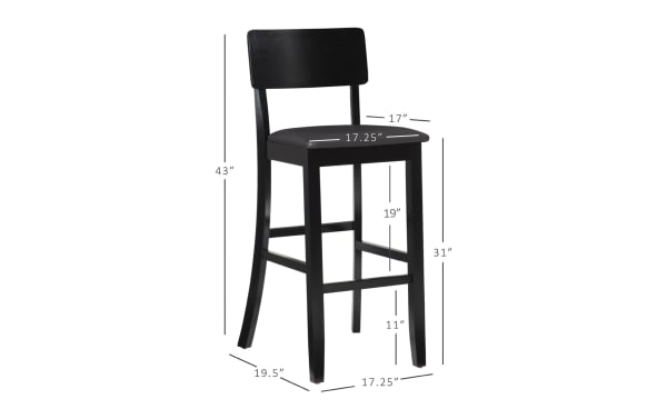 Contemporary dark brown faux leather bar height stool with padded vinyl seat, rubberwood frame, and panel back, 43" tall, durable and elegant design.