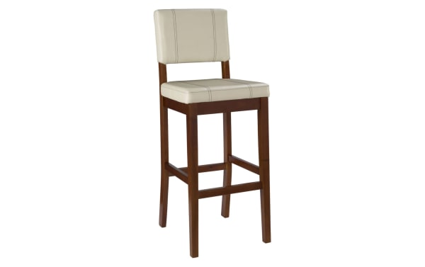 Naples Cream faux leather upholstered bar height stool with solid rubberwood frame, cream polyurethane cushion, and transitional style.