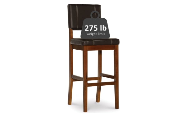 Naples Brown Faux Leather Upholstered Bar Height Stool with solid rubberwood legs, brown polyurethane seat and back, transitional style, 275 lb weight limit.
