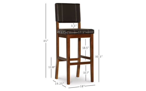 Naples Brown Faux Leather Upholstered Bar Height Stool with solid rubberwood legs, brown polyurethane seat, and transitional style, 45" tall.