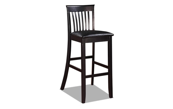 Craftsman Black Faux Leather Slat Back Bar Height Stool with black rubberwood frame, polyurethane padded seat, and transitional Mission style design.