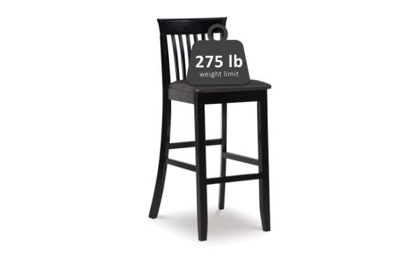 Craftsman Black Faux Leather Slat Back Bar Height Stool with black rubberwood frame, polyurethane padded seat, and transitional Mission-style slat back, 275 lb weight limit.