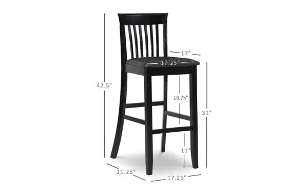 Craftsman Black Faux Leather Slat Back Bar Height Stool with black rubberwood frame, padded polyurethane seat, and transitional Mission-style slat back, 42.5" tall.