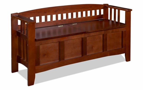 Traditional Split Seat Wooden Storage Bench in walnut finish, made of rubberwood solids, MDF, and paper veneer, with flip-top lid and slat back design for storage and seating.
