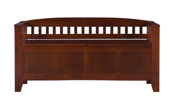 Traditional Split Seat Wooden Storage Bench in walnut finish, made of rubberwood solids, MDF, and paper veneer, with flip-top lid and slat back design for storage and seating.
