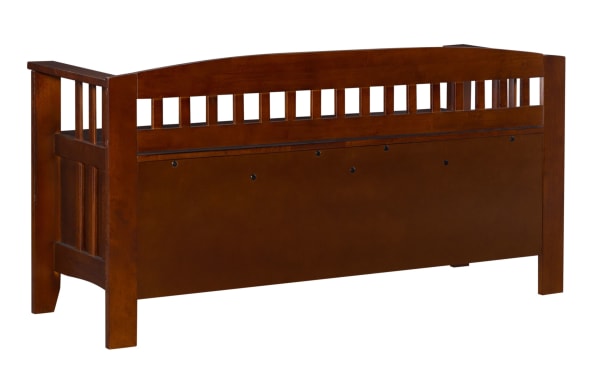 Traditional Split Seat Wooden Storage Bench in walnut finish with flip-top lid, slat back and sides, made of rubberwood solids, MDF, and paper veneer for mudroom or foyer storage.