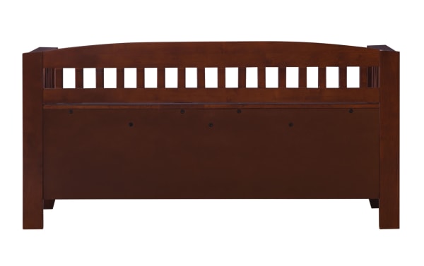 Traditional Split Seat Wooden Storage Bench in walnut finish, made of rubberwood solids, MDF, and paper veneer, featuring a slat back and flip-top storage compartment.