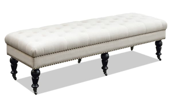 Delfina Natural 62" traditional bed bench with beige polyester fabric upholstery, burnished bronze nailhead trim, and dark espresso rubberwood legs.
