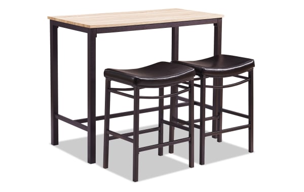 Misty 3 Piece Brown Pub Set with rustic blonde plywood top, black polyurethane upholstered stools, and black steel frame in transitional style.