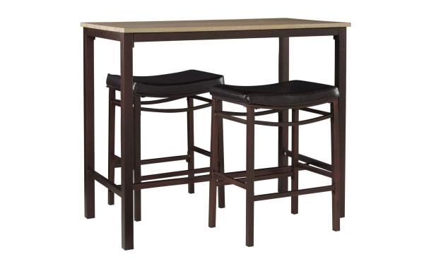 Misty 3 Piece Brown Pub Set with rustic blonde plywood top, black polyurethane upholstered stools, and brown steel frame in transitional style.