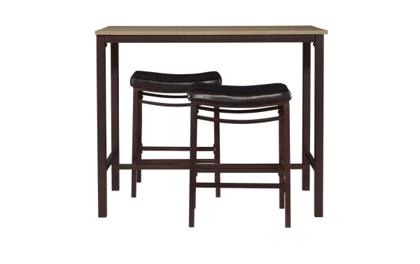Misty 3 Piece Brown Pub Set with rustic blonde plywood top, black polyurethane upholstered stools, and brown steel frame in transitional style.