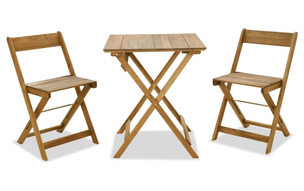Margaret 3 Piece Brown Outdoor Bistro Set with solid acacia wood, gray finish, transitional style, foldable square table and two matching chairs for patios.