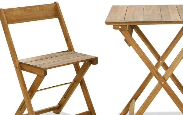 Transitional Margaret 3 Piece Brown Outdoor Bistro Set with solid acacia wood, foldable square table and chair, perfect for small patios.