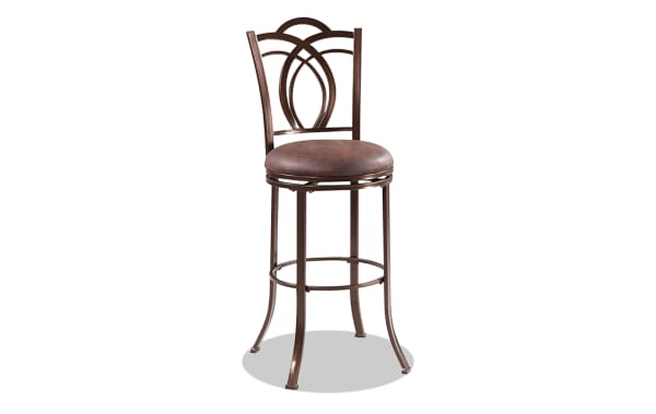 Caleb Coffee Faux Leather Upholstered Counter Height Swivel Stool with decorative back, flared steel legs, and plush brown polyurethane seat in traditional style.
