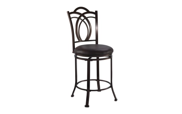 Caleb Coffee Faux Leather Upholstered Counter Height Swivel Stool with decorative back, flared steel legs, and plush brown polyurethane seat in traditional style.