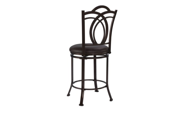 Caleb Coffee Faux Leather Upholstered Counter Height Swivel Stool with decorative back, flared steel legs, and plush brown polyurethane seat in traditional style.