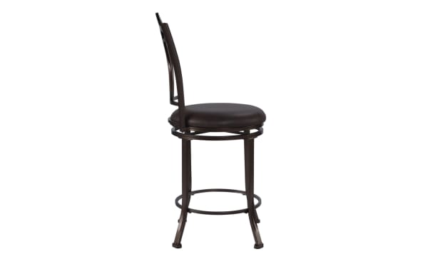 Caleb Coffee Faux Leather Upholstered Counter Height Swivel Stool with steel frame, decorative back, flared legs, and plush brown polyurethane seat