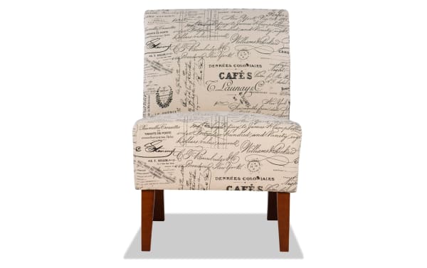 Transitional Words Lily Linen Chair with beige printed script linen upholstery, plush foam seat, and dark walnut rubberwood legs for accent seating.