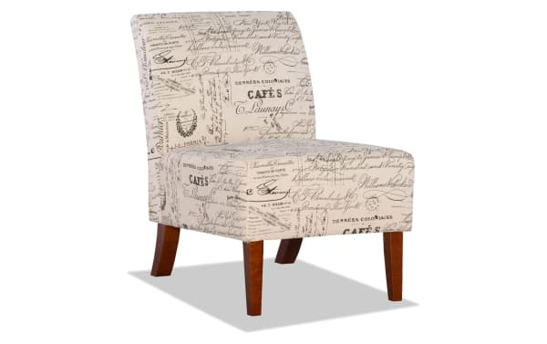 Transitional Words Lily Linen Chair with beige linen upholstery featuring printed script design, plush foam seat, and dark walnut rubberwood legs.