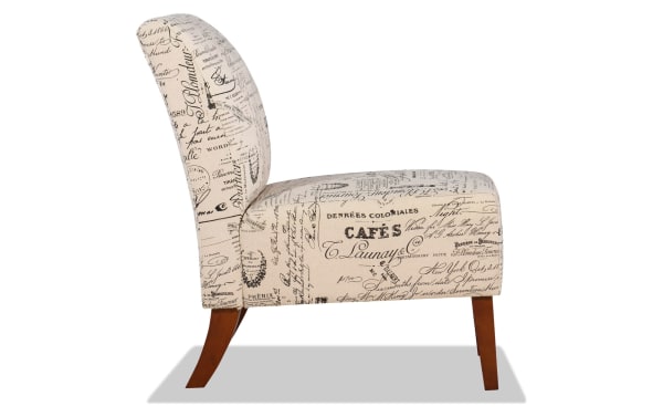 Transitional Words Lily Linen Chair in beige fabric with printed script design, plush linen upholstery, and dark walnut rubberwood legs.