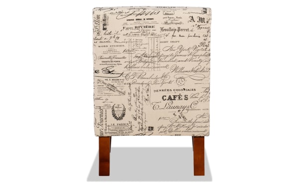 Transitional Words Lily Linen Chair with beige linen fabric featuring printed script design, plush foam seat, and dark walnut rubberwood legs.