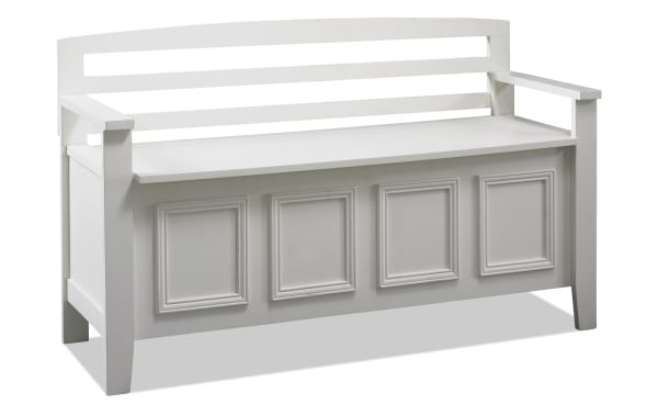 Glitz White Storage Bench in traditional style with MDF and rubberwood solids, featuring a flip-top lid, ladder back, decorative paneled front, and crisp white finish.