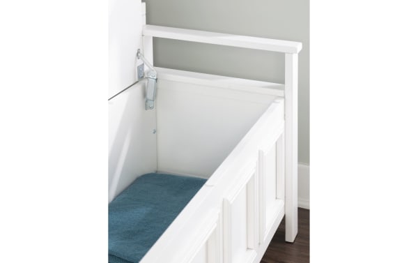 Traditional Glitz White Storage Bench in MDF and rubberwood solids with flip-top lid, ladder back, and decorative front panel in crisp white finish