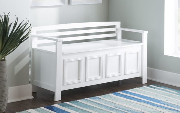 Glitz White Storage Bench in traditional style with crisp white MDF and rubberwood solids, featuring a flip-top lid, ladder back, and decorative paneled front.