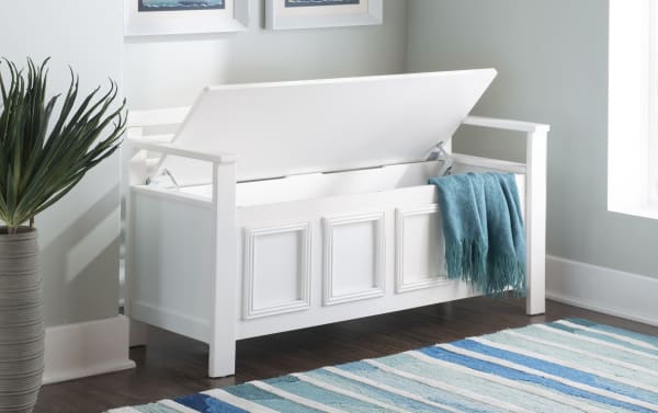 Glitz White Storage Bench in traditional style with MDF and rubberwood solids, featuring a flip-top lid, ladder back, decorative panel front, and crisp white finish.