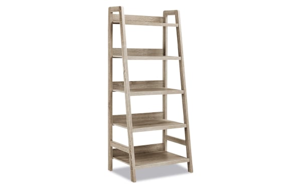 Myles 60'' Ash Gray 5 Shelf Ladder Bookcase with rustic gray finish, particle board and MDF construction, five spacious angled shelves for versatile storage and display.
