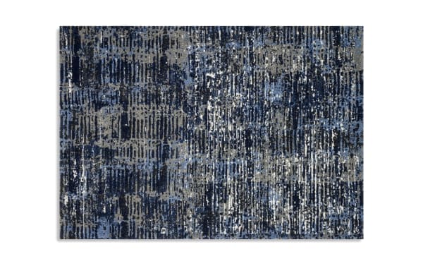 Bradley 8' x 10' blue abstract rug with contemporary design, featuring bold blue, gray, and black hues in a textured polypropylene and acrylic blend.
