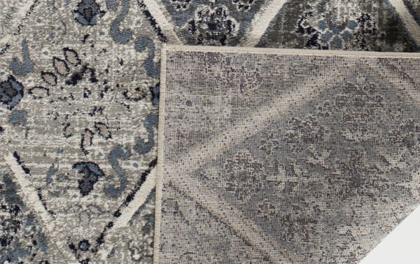 Casablanca 8' x 10' Gray Vintage Rug with multicolored transitional design, soft polypropylene yarn, and intricate silk-like patterns for a luxurious living room feel.