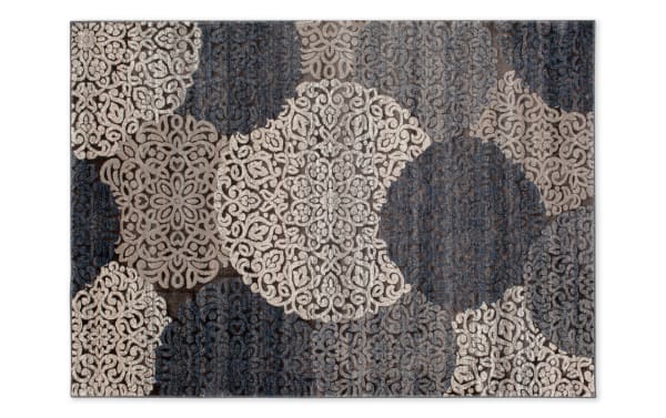 Hoboken 5' x 8' Gray Damask Rug with intricate beige, gray, white, and blue medallion patterns in a transitional style, made of polyester and polypropylene.