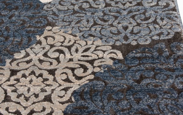 Hoboken 5' x 8' Gray Damask Rug with intricate medallion pattern in muted beige, black, blue, and gray tones, made of polyester and polypropylene.