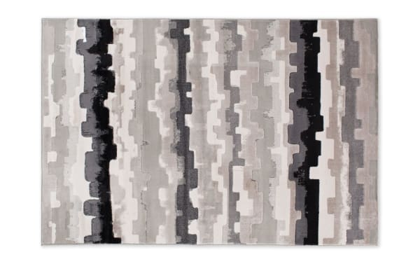 Contemporary Chantel 8' x 10' gray abstract rug in heat set polypropylene with cream, ebony, charcoal, light gray, beige, and birch tones.