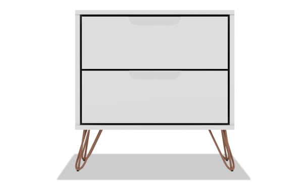 Melton White 2 Drawer Nightstand with mid-century modern design, white MDF body, splayed metal legs, and spacious storage drawers.