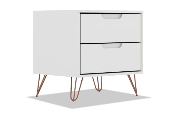 Melton White 2 Drawer Nightstand with mid-century modern design, white MDF body, copper metal splayed legs, and two spacious drawers for versatile bedroom or living room storage.