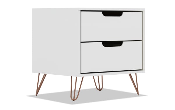 Melton White 2 Drawer Nightstand with mid-century modern style, white MDF body, and splayed metal legs in copper finish for bedroom or living room storage.
