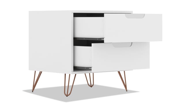 Melton White 2 Drawer Nightstand with mid-century modern design, white MDF body, metal splayed legs, and spacious storage drawers.
