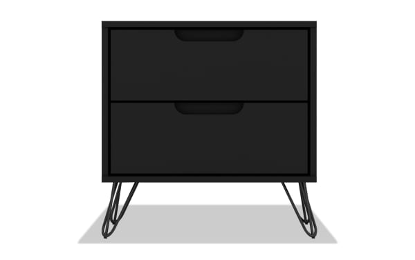Melton Black 2 Drawer Nightstand in mid-century modern style with black MDF body and splayed metal legs, offering versatile bedroom or living room storage.