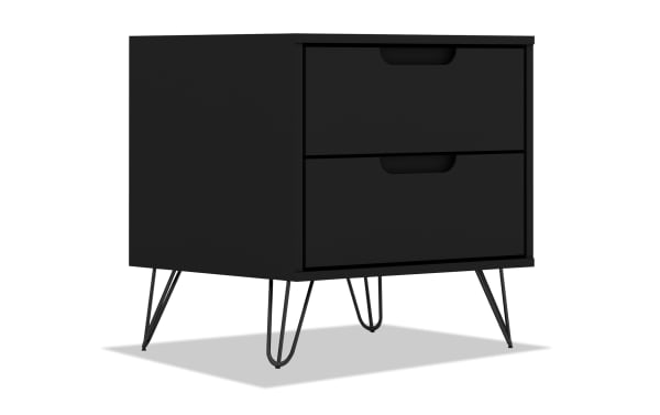Melton Black 2 Drawer Nightstand with mid-century modern design, black MDF body, splayed metal legs, and two spacious drawers for bedroom or living room storage.