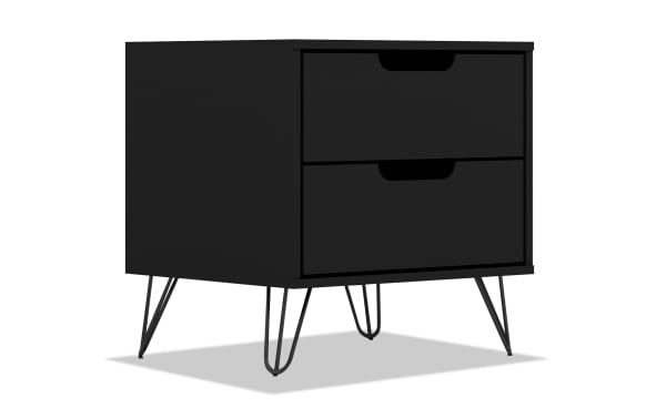 Melton Black 2 Drawer Nightstand with mid-century modern style, black MDF body, metal splayed legs, and two spacious drawers for versatile bedroom or living room storage.