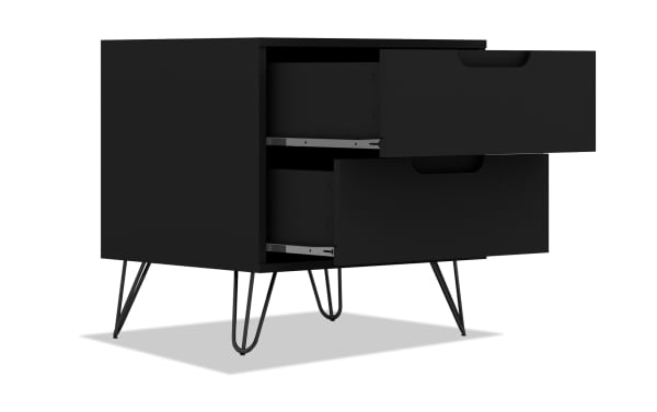 Melton Black 2 Drawer Nightstand in mid-century modern style with black MDF body and splayed metal legs, offering versatile bedroom or living room storage.